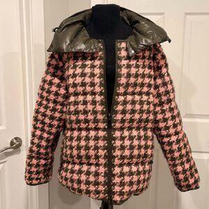 Moncler Chevril Down Jacket, Pink Houndstooth Tweed with Olive Green Hood, Sz 2
